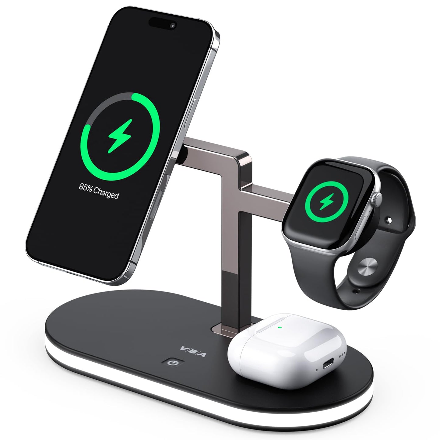 VBA 4 in 1 Wireless Charging Station for Apple MagSafe Charger,Fast Charging Magnetic Wireless Charger Stand with Night Light for iPhone 17 Air 16 15 14 13 12 Series,Apple Watch,AirPods Pro (White)