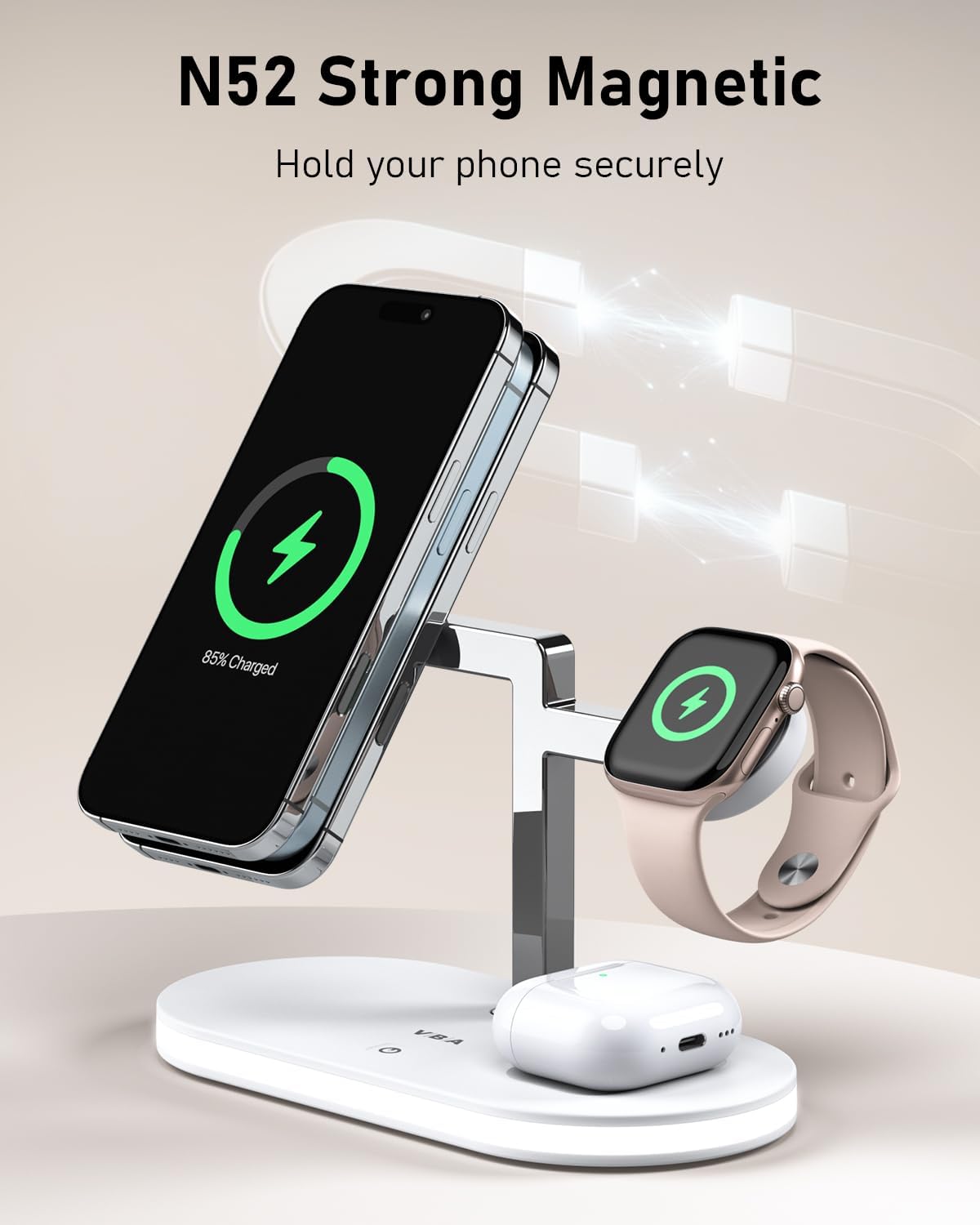 VBA 4 in 1 Wireless Charging Station for Apple MagSafe Charger,Fast Charging Magnetic Wireless Charger Stand with Night Light for iPhone 17 Air 16 15 14 13 12 Series,Apple Watch,AirPods Pro (White)