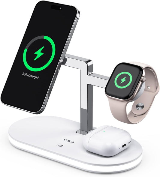 VBA 4 in 1 Wireless Charging Station for Apple MagSafe Charger,Fast Charging Magnetic Wireless Charger Stand with Night Light for iPhone 17 Air 16 15 14 13 12 Series,Apple Watch,AirPods Pro (White)