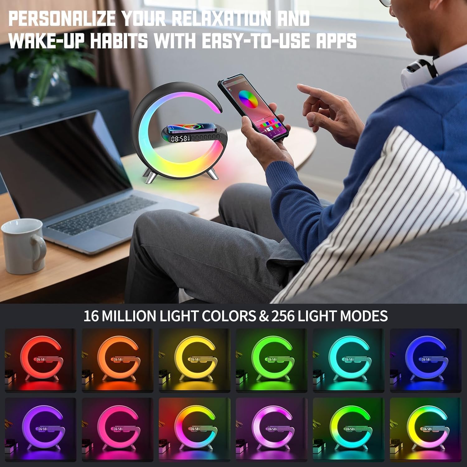 Smart LED Table Lamp,4-in-1 Wireless Charger with Speaker,Night Light, Alarm Clock, and Bluetooth Speaker with App Control for Bedroom and Home Decor (Black, Large)